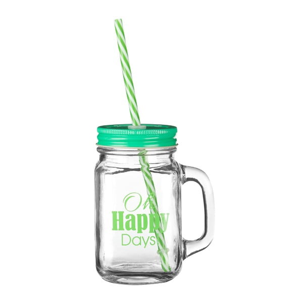 Glāze ar zaļu vāku un salmiņu Premier Housewares Happy Days, 450 ml