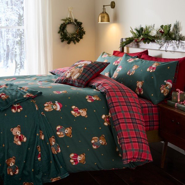 Sarkana/tumši zaļa vienguļamā bērnu gultas veļa 120x150 cm Christmas Tartan Teddy Bear – Catherine Lansfield-image-4