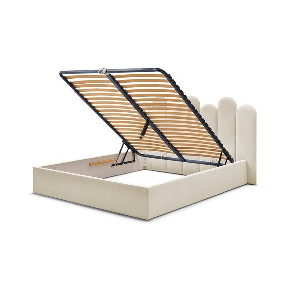 Bēša polsterēta divvietīga gulta ar veļas kasti un redelēm 160x200 cm Badja – Bobochic Paris-image-4