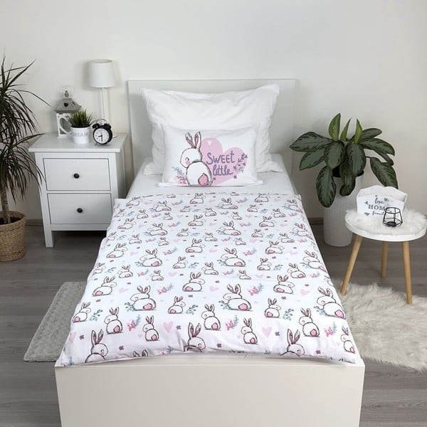Balta/rozā kokvilnas bērnu gultas veļa 100x135 cm Bunny "Sweet" – Jerry Fabrics-image-1