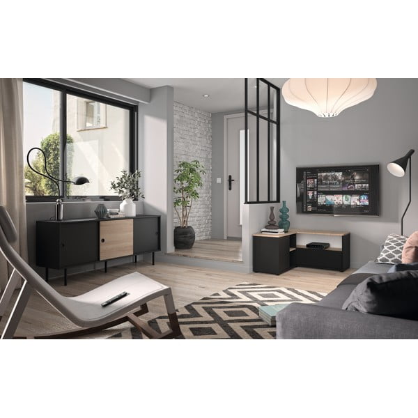 Melns/dabīga toņa TV galdiņš ar ozolkoka imitāciju 90x45 cm Angle – TemaHome-image-1