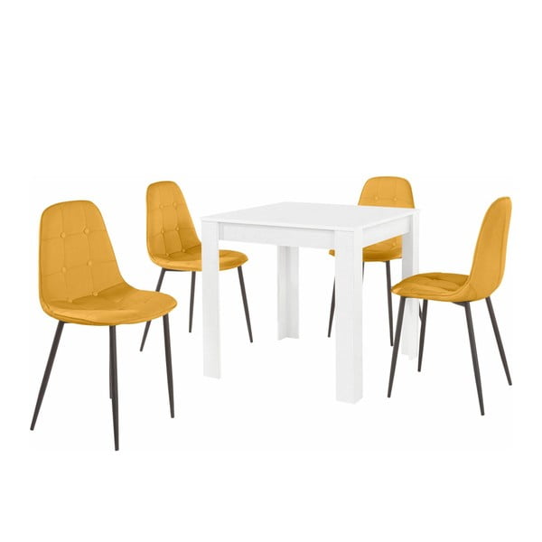 Balts pusdienu galda un 4 oranžu pusdienu krēslu komplekts Støraa Lori Lamar Duro