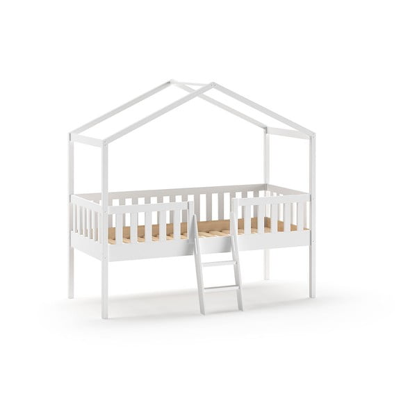 Balta priedes masīvkoka bērnu gulta mājas formā/paaugstināta 90x200 cm DALLAS – Vipack