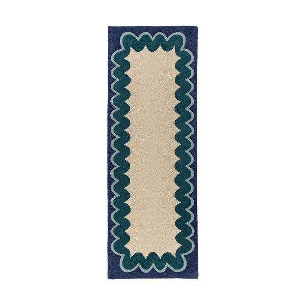 Dabīga toņa/zilganzaļš ar rokām darināts vilnas celiņa paklājs 80x230 cm Wiggle Wool – Flair Rugs