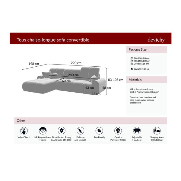 Tumši rozā samta stūra izvelkamais dīvāns Devichy Tous, labais stūris-image-3