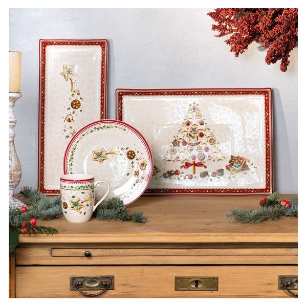 Sarkani bēšs porcelāna servīzes šķīvis ar Ziemassvētku motīvu Villeroy & Boch, 40 x 27,5 cm-image-3