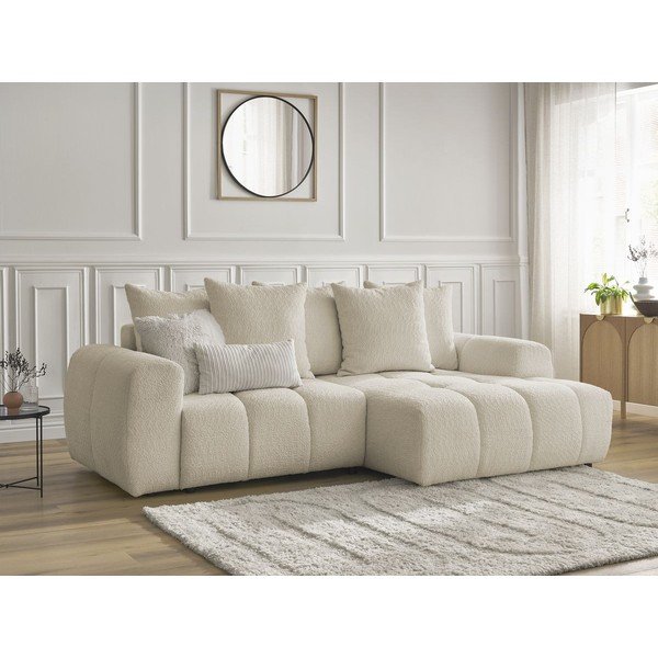 Bēšs salokāms stūra dīvāns no buklē auduma ar uzglabāšanas vietu (ar labo stūri/ar zvilni) Roxelane – Bobochic Paris-image-4