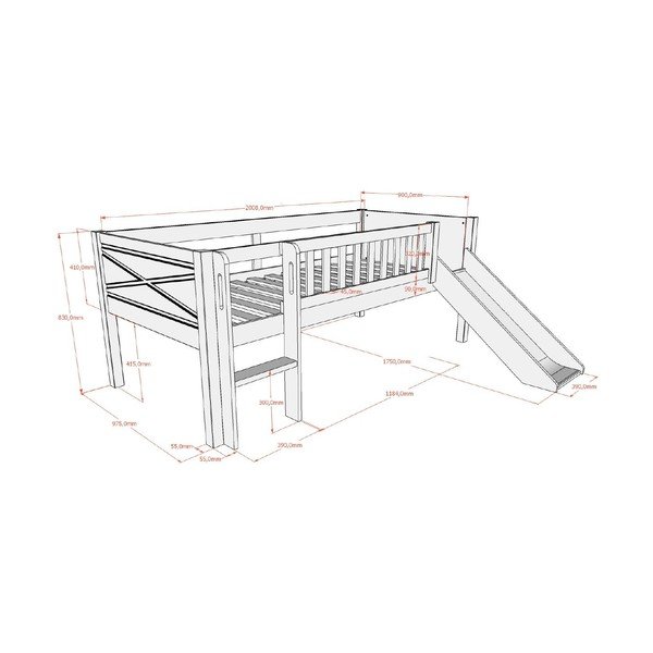Balta priedes masīvkoka paaugstināta bērnu gulta ar redelēm 90x200 cm Scott – Vipack-image-2