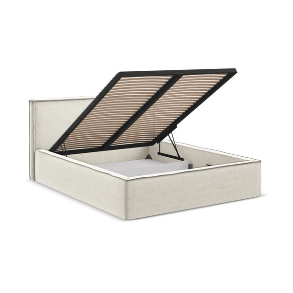 Krēmkrāsas polsterēta divvietīga gulta ar veļas kasti un redelēm 160x200 cm Anani – Makamii-image-2