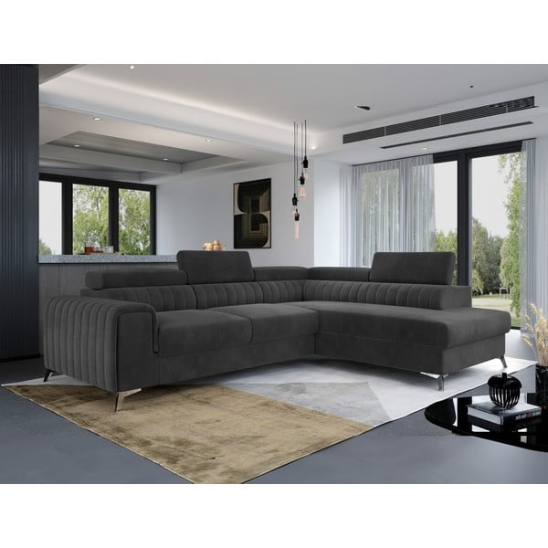 Tumši pelēks samta salokāms/ar uzglabāšanas vietu stūra dīvāns (ar labo stūri/L veida) Laurence – ELTAP-image-1