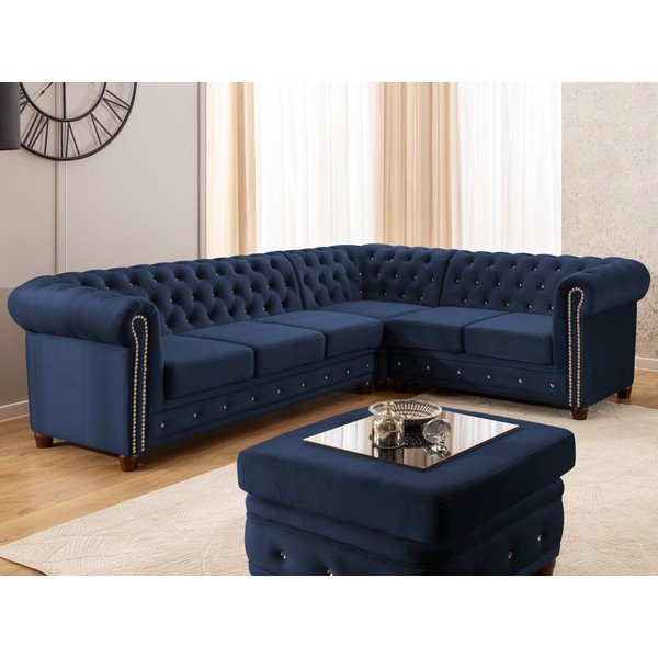 Zils samta salokāms stūra dīvāns (ar labo stūri/L veida) York Blik – Ropez-image-1