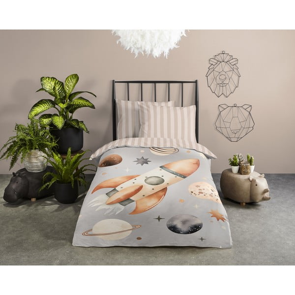 Pelēkbēša vienguļamā kokvilnas bērnu gultas veļa 140x200 cm Explore – Good Morning-image-1