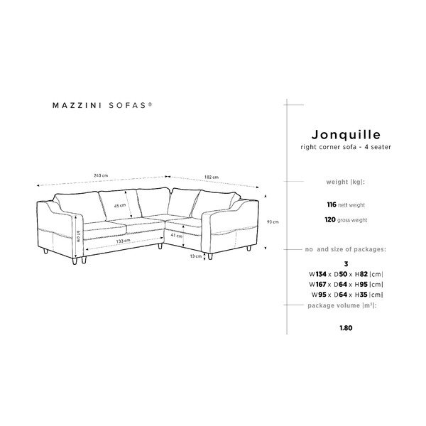 Mazzini Sofas Jonquille četru sēdvietu dīvāns, pelēks, labais stūris-image-2