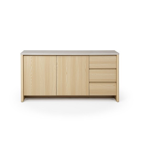 Balta/gaiša dabīga toņa kumode ar ozolkoka imitāciju 163x80x45 cm Dore – Marckeric