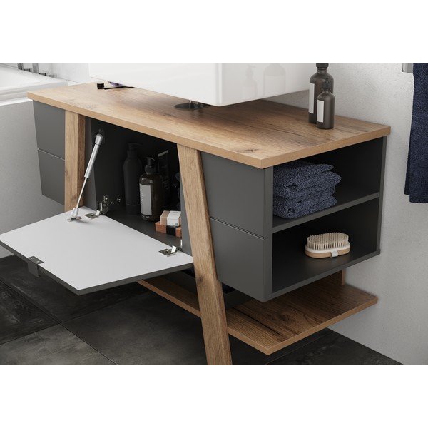 Tumši pelēks skapītis zem izlietnes ar ozolkoka imitāciju 111x67 cm Avellino – Germania-image-1