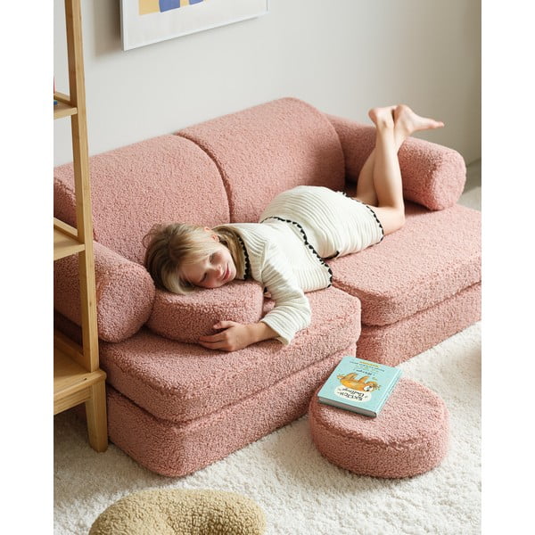 Rozā bērnu dīvāns no buklē auduma 132 cm Settee – Wigiwama-image-2