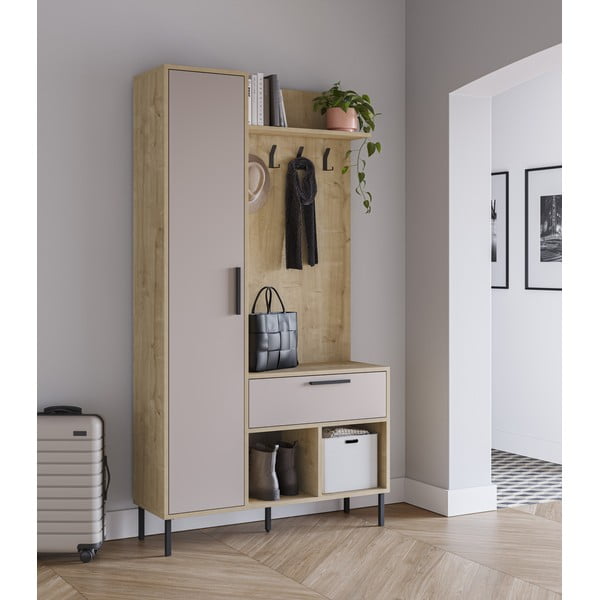 Krēmkrāsas/dabīga toņa priekšnama iekārta ar ozolkoka imitāciju 108x195x35 cm Heidy – Marckeric-image-1