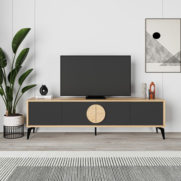 Melns/dabīga toņa TV galdiņš ar ozolkoka imitāciju 180x51 cm Vae – Marckeric-image-4