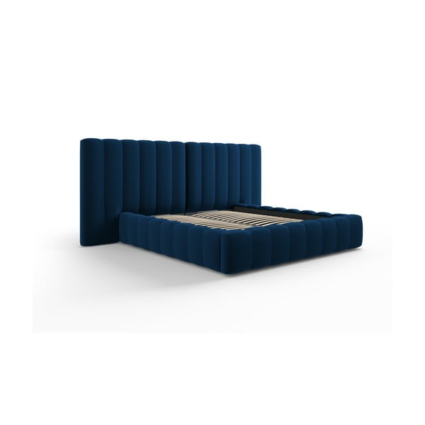 Tumši zila polsterēta divvietīga gulta ar veļas kasti un režģi 160x200 cm Gina – Milo Casa