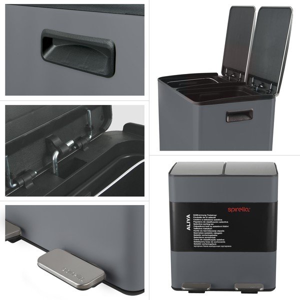 Tumši pelēka atkritumu šķirošanas tērauda atkritumu tvertne ar pedāli 2x20 l   Aliya – Spirella-image-2