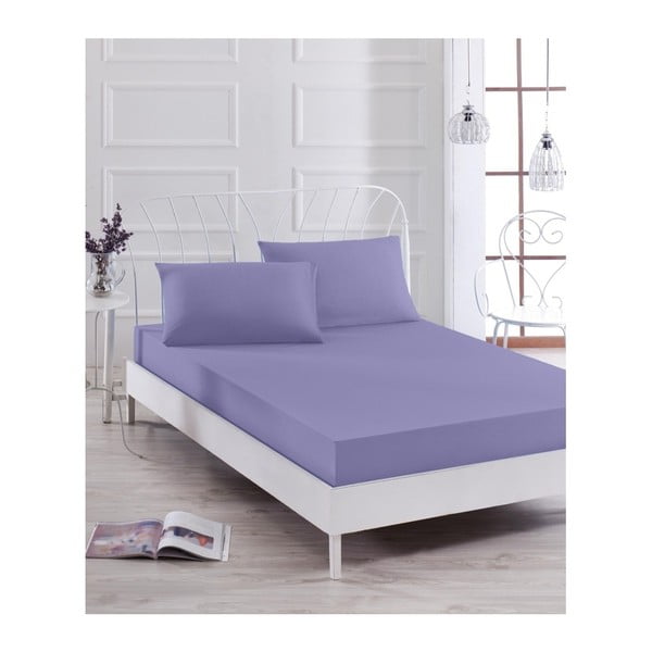 Violeta elastīga pārklājiņa un 2 spilvendrānu komplekts vienvietīgai gultai Basso Purple, 160 x 200 cm