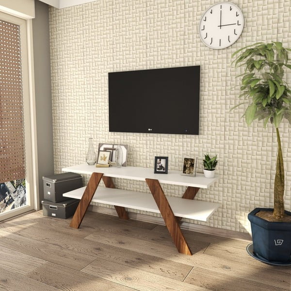 Balts/dabīga toņa TV galdiņš ar riekstkoka imitāciju 120x33 cm Basic – Kalune Design-image-3
