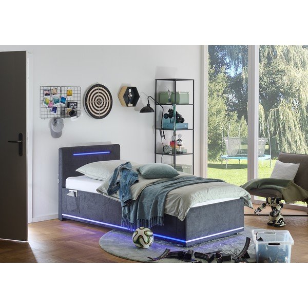 Tumši pelēka polsterēta bērnu gulta ar veļas kasti un redelēm 90x200 cm Circle – Meise Möbel-image-1