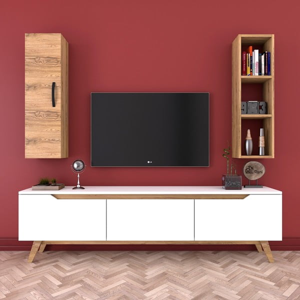 Baltā TV galdiņa, sienas plaukta un skapīša komplekts no valrieksta koka Wren