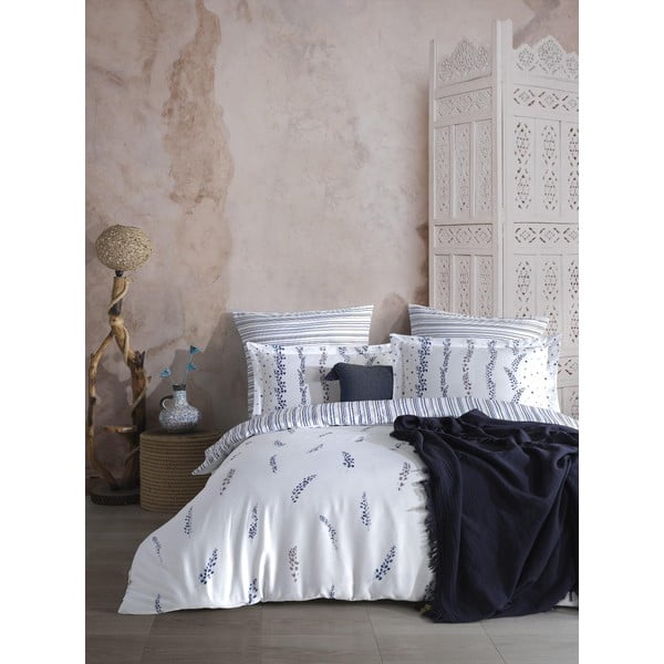 Balta/zila divguļamā gultas veļa no kokvilnas satīna 240x220 cm Marseille Floral – Mila Home Luxury