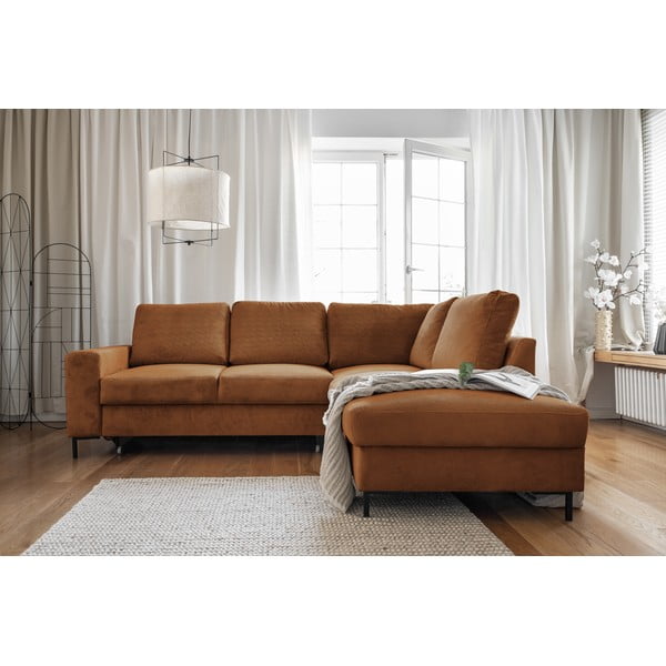 Oranžs/brūns velveta salokāms stūra dīvāns (ar labo stūri) Lofty Lilly – Miuform-image-4