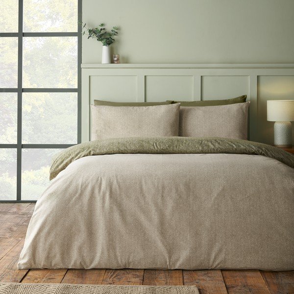 Zaļa divguļamā flaneļa gultas veļa 200x200 cm Brushed Herringbone – Catherine Lansfield-image-1