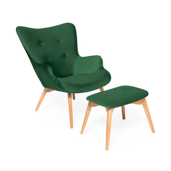 Smaragdzaļš krēsls un kāju paliktnis ar pamatni no dabīga Vivonita Cora Velvet auduma