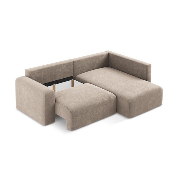 Bēšs salokāms stūra dīvāns no šenila auduma ar uzglabāšanas vietu (ar labo stūri/L veida) Kona – Makamii-image-4