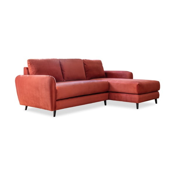 Koraļļu sarkans samta stūra dīvāns ar kāju soliņu Miuform Cozy Claire, labais stūris