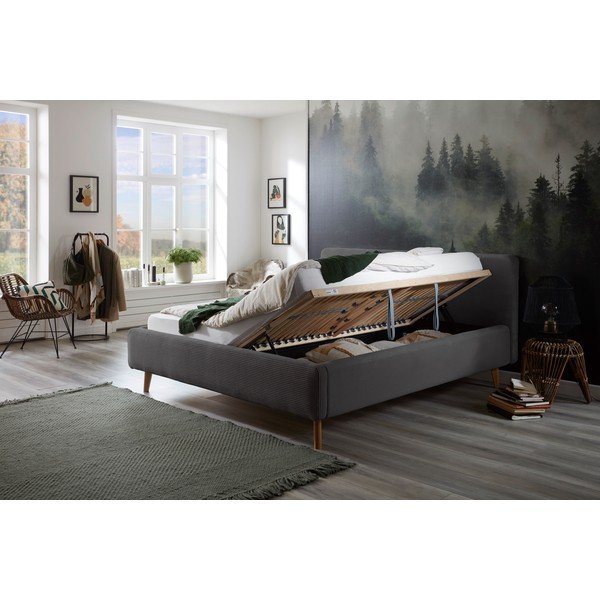 Tumši pelēka polsterēta divvietīga gulta ar veļas kasti ar redelēm 180x200 cm Mattis Cord – Meise Möbel-image-1