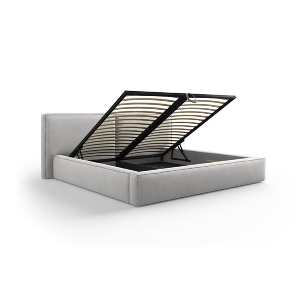 Gaiši pelēka polsterēta divvietīga gulta ar veļas kasti un režģi 160x200 cm Arendal – Cosmopolitan Design-image-3