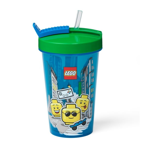 Zila krūze ar zaļu vāciņu un salmiņu LEGO® Iconic, 500 ml