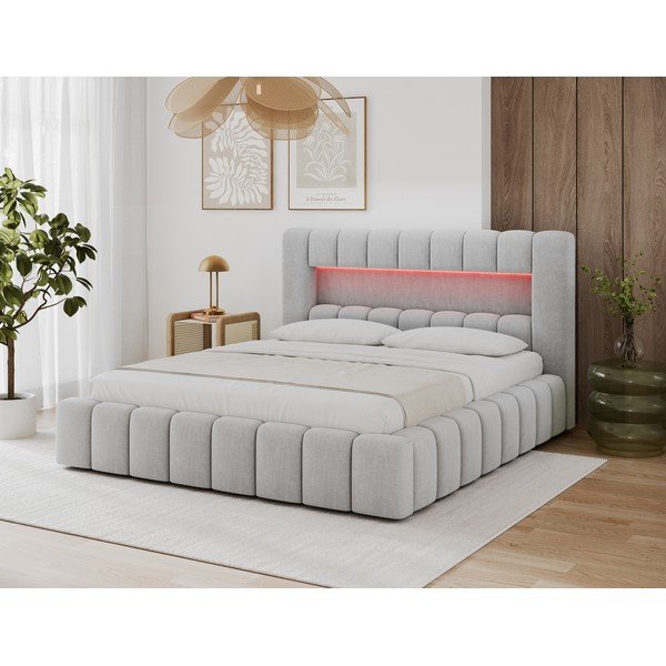Gaiši pelēka polsterēta divvietīga gulta ar veļas kasti un ar redelēm 140x200 cm Lamica – ELTAP-image-1