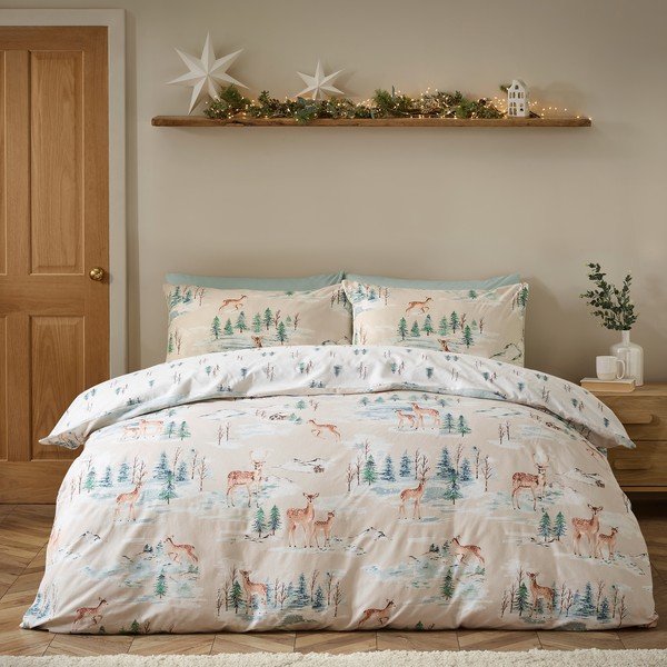 Dabīga toņa divguļamā flaneļa gultas veļa 230x220 cm Brushed Christmas Deer – Catherine Lansfield-image-2