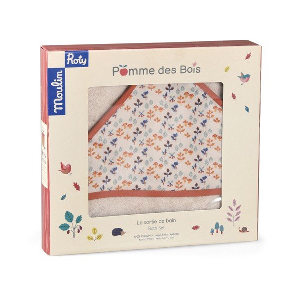 Krēmkrāsas kokvilnas bērnu dvielis ar kapuci 80x80 cm Pomme des Bois – Moulin Roty-image-3