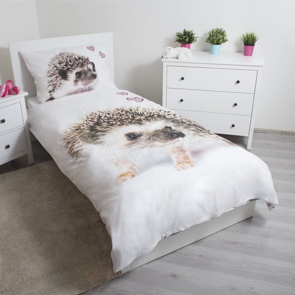 Balta/brūna vienguļamā kokvilnas bērnu gultas veļa 140x200 cm Hedgehog – Jerry Fabrics-image-1