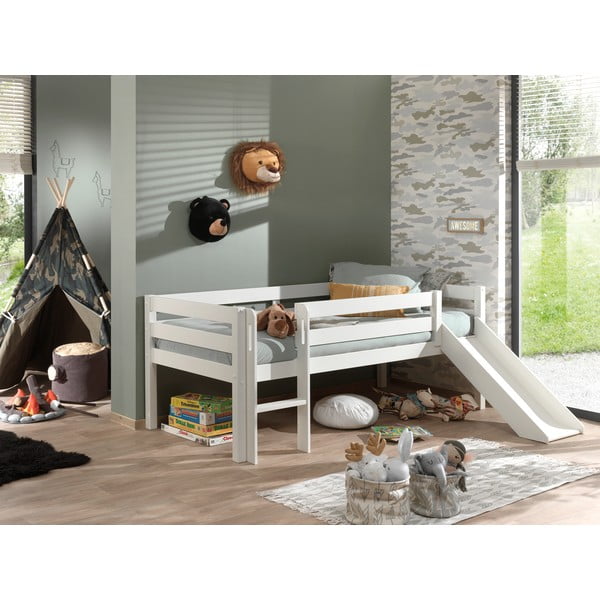 Balta bērnu paaugstināta gulta ar slidkalniņu Vipack Pino, 90 x 200 cm-image-1