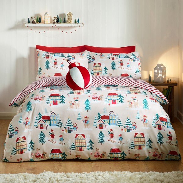 Divguļamā gultas veļa 200x200 cm Christmas Mouse Town – Catherine Lansfield