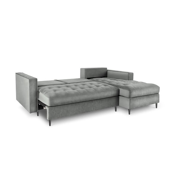 Gaiši pelēks samta izvelkamais stūra dīvāns ar veļas kasti Milo Casa Santo, labais stūris-image-4