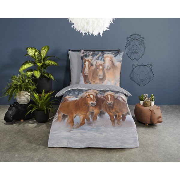 Pelēka vienguļamā flaneļa bērnu gultas veļa 140x200 cm Happy Horses – Good Morning-image-1