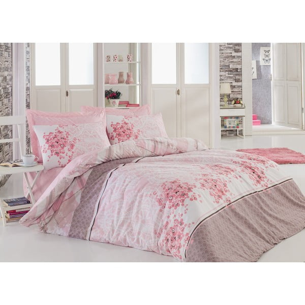 Rozā kokvilnas gultasveļa ar palagu divguļamai gultai Sonya Powder, 200 x 220 cm