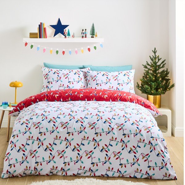 Sarkana vienguļamā mikrošķiedras gultas veļa 135x200 cm Christmas Lights – Catherine Lansfield-image-1