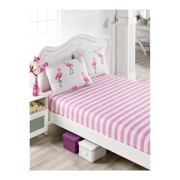 Kokvilnas rozā gultasveļas un 1 spilvendrānas komplekts vienvietīgai gultai Flamingos, 100 x 200 cm