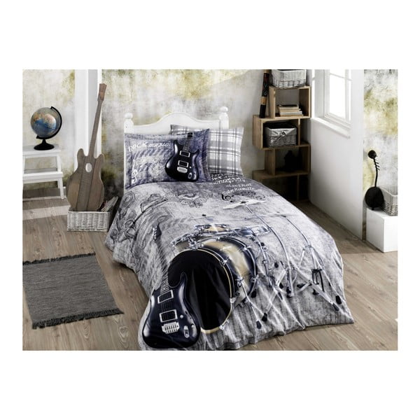 Kokvilnas poplīna gultasveļa ar palagu divguļamai gultai Rock Music Grey, 160 x 220 cm