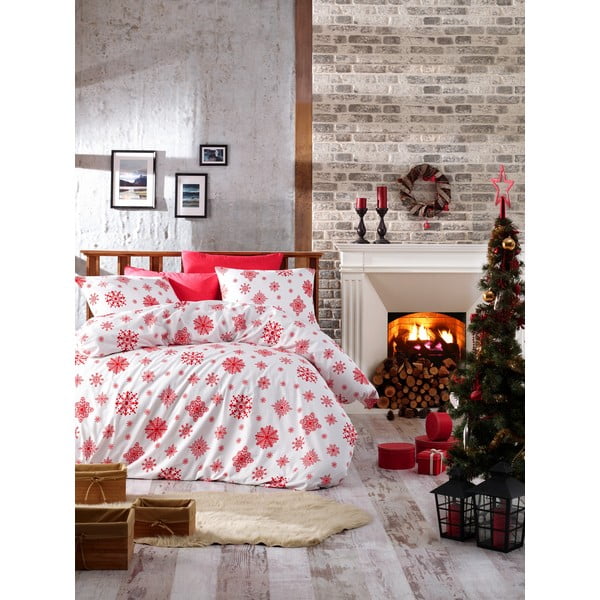 Vienvietīgas gultas gultas gultas veļa ar palagiem no ranforce kokvilnas Nazenin Home Sniega sarkans, 140 x 200 cm
